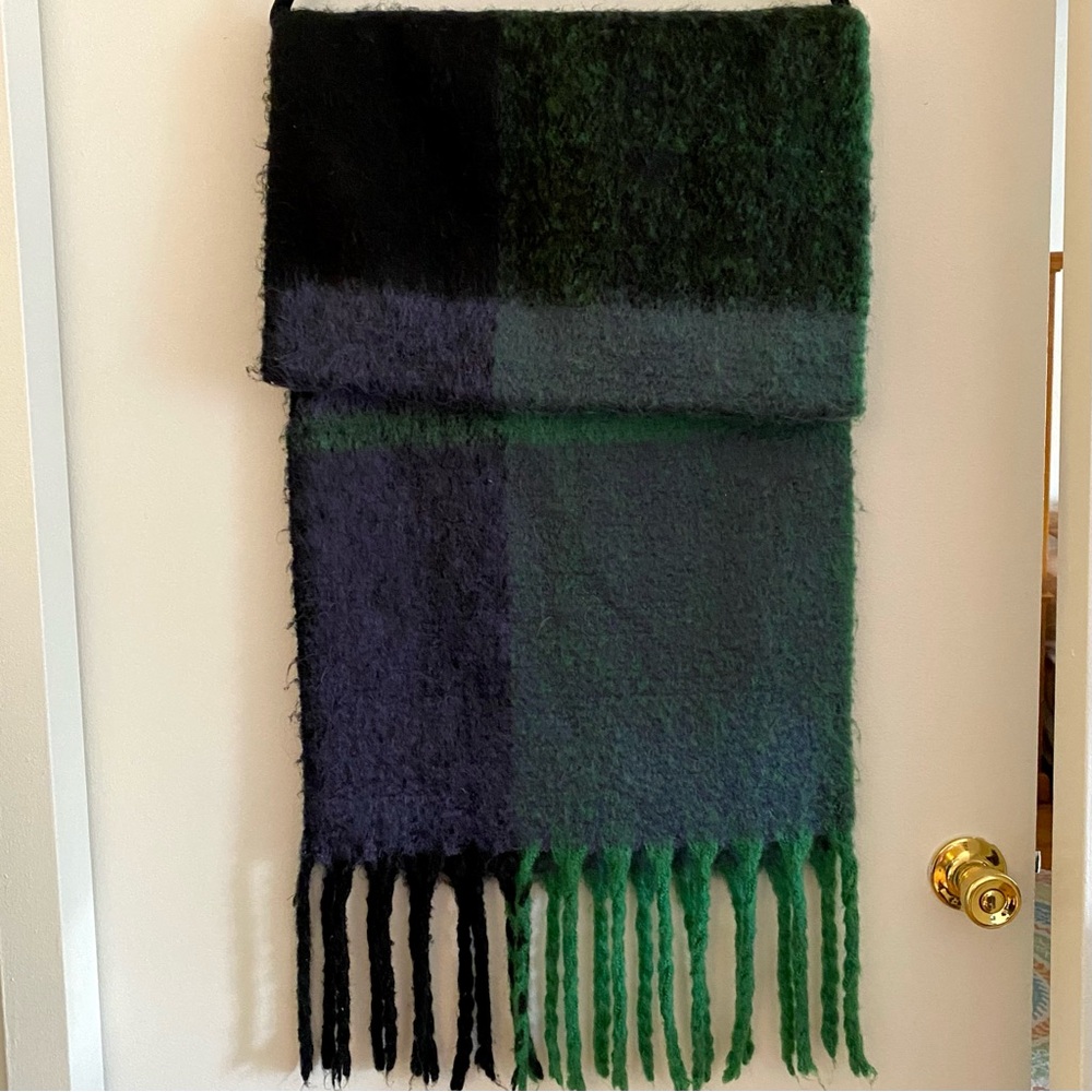 Free People. Plaid Fringed Scarf in Blue, Green and Black.